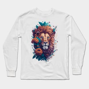 Vintage Lion Head with Flowers Splash Long Sleeve T-Shirt